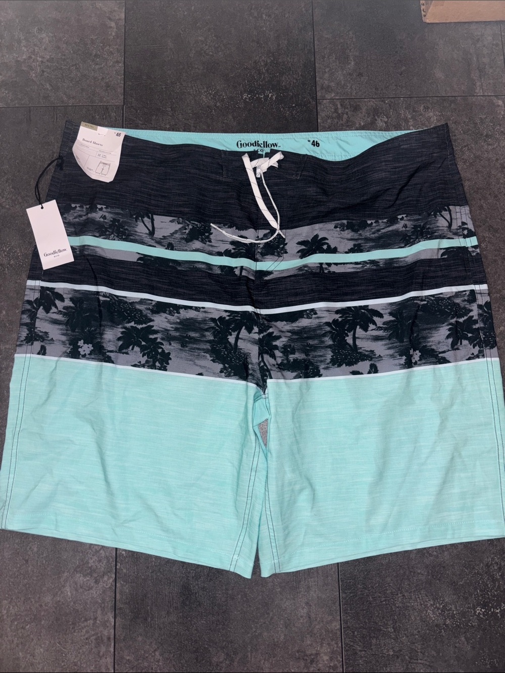 Goodfellow & Co Aqua and Black Palm-Striped Men’s Board Shorts